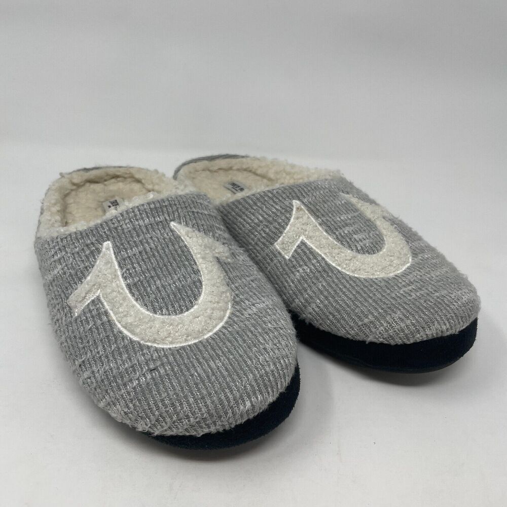 True Religion Men’s‎ Gray Logo Slippers Size M (9-10) Sherpa Lined Indoor Shoes